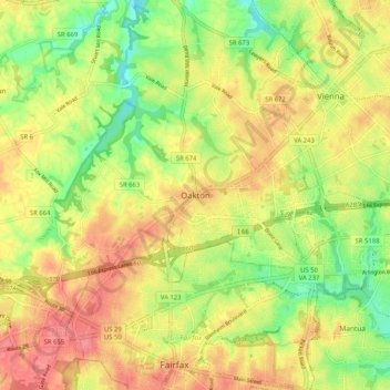Mapa topográfico Oakton, altitud, relieve