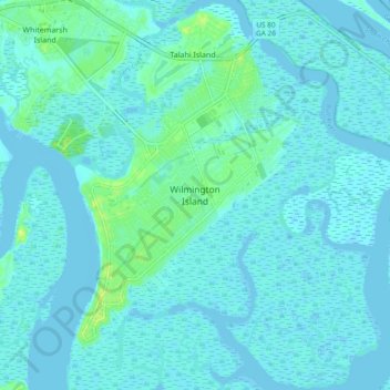 Mapa topográfico Wilmington Island, altitud, relieve