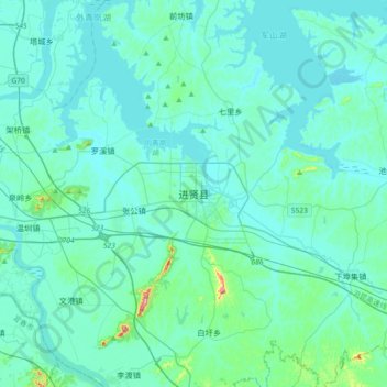 Mapa topográfico Jinxian, altitud, relieve