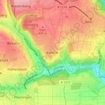 Mapa topográfico Kemnat, altitud, relieve