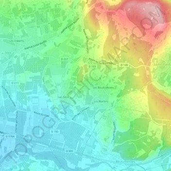 Mapa topográfico Font Caudette, altitud, relieve