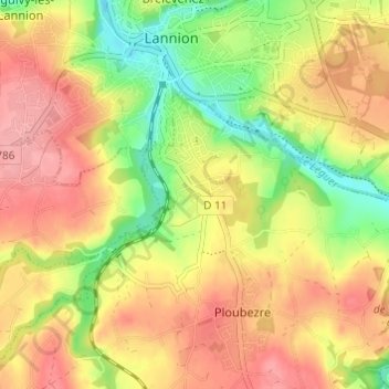 Mapa topográfico Kerzevean, altitud, relieve