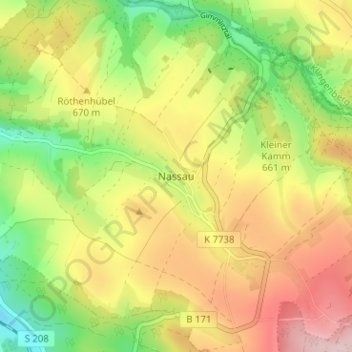 Mapa topográfico Nassau, altitud, relieve