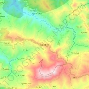 Mapa topográfico Tizi Tindjit, altitud, relieve