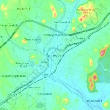 Mapa topográfico Ramanagara, altitud, relieve