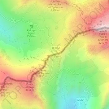 Mapa topográfico Col Agnel, altitud, relieve