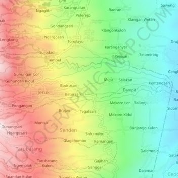 Mapa topográfico Gondang, altitud, relieve