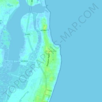 Mapa topográfico Kovalam, altitud, relieve