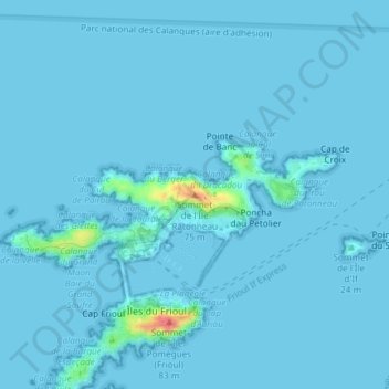 Mapa topográfico Sommet de l'Île Ratonneau, altitud, relieve