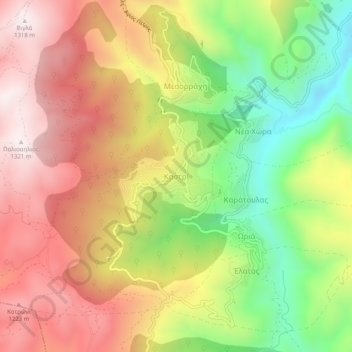 Mapa topográfico Kastri, altitud, relieve