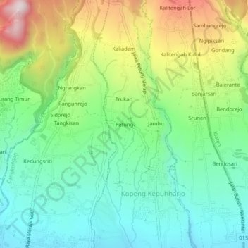 Mapa topográfico Petung, altitud, relieve