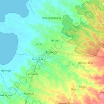 Mapa topográfico Mlonggo, altitud, relieve
