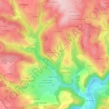 Mapa topográfico Lachaux, altitud, relieve
