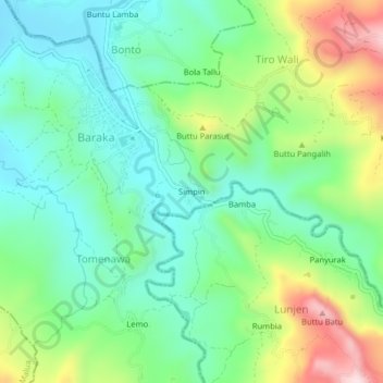 Mapa topográfico Simpin, altitud, relieve