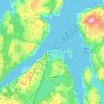 Mapa topográfico Kirkenes, altitud, relieve