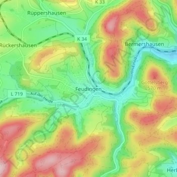 Mapa topográfico Feudingen, altitud, relieve