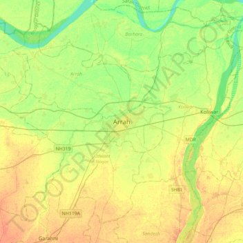 Mapa topográfico Arrah, altitud, relieve