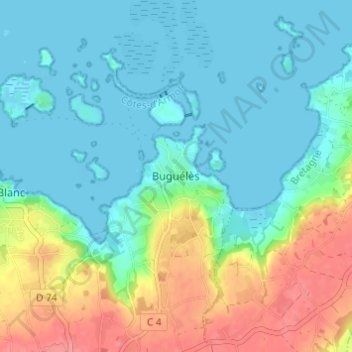 Mapa topográfico Buguélès, altitud, relieve