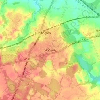 Mapa topográfico Cuddington, altitud, relieve