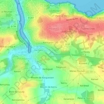 Mapa topográfico Brehuel, altitud, relieve