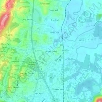 Mapa topográfico Hickory Woods, altitud, relieve