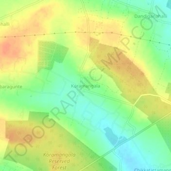 Mapa topográfico Koramangala, altitud, relieve