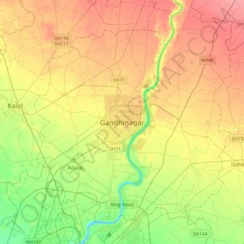 Mapa topográfico Gandhinagar, altitud, relieve