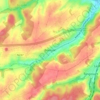 Mapa topográfico Bousval, altitud, relieve