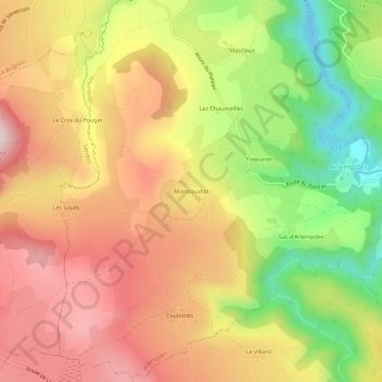Mapa topográfico Montcoudiol, altitud, relieve