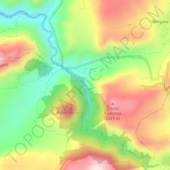 Mapa topográfico Sorgente di Montescuro, altitud, relieve