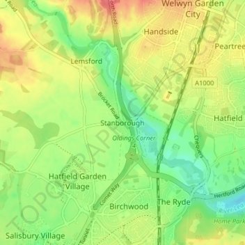 Mapa topográfico Stanborough, altitud, relieve