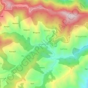 Mapa topográfico Jageshwar, altitud, relieve