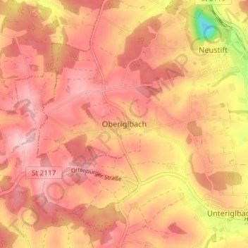 Mapa topográfico Oberiglbach, altitud, relieve