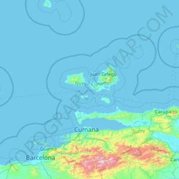 Mapa topográfico Margarita, altitud, relieve
