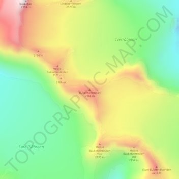Mapa topográfico Bukkeholstindan, altitud, relieve
