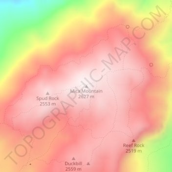 Mapa topográfico Mica Mountain, altitud, relieve