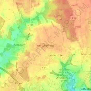 Mapa topográfico Werschenrege, altitud, relieve