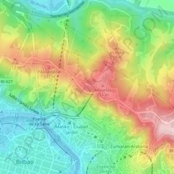Mapa topográfico Artxanda, altitud, relieve