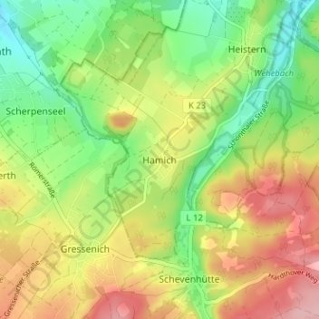 Mapa topográfico Hamich, altitud, relieve