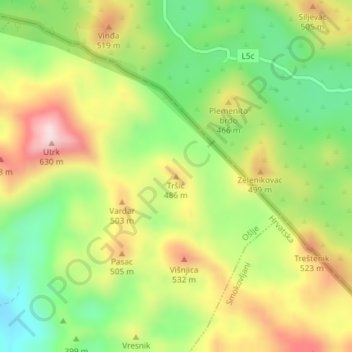 Mapa topográfico Tršić, altitud, relieve