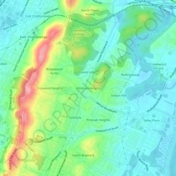 Mapa topográfico Hillsboro Heights, altitud, relieve