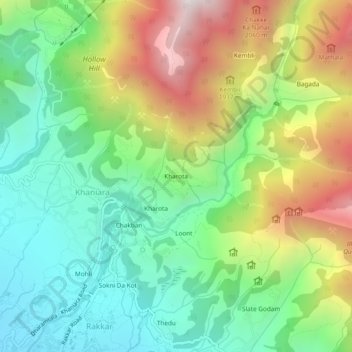 Mapa topográfico Kharota, altitud, relieve