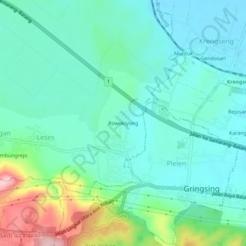 Mapa topográfico Rowokiyong, altitud, relieve