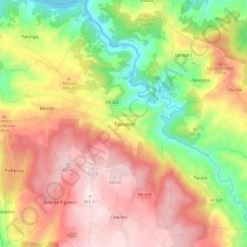 Mapa topográfico Tabuaço, altitud, relieve