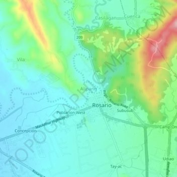 Mapa topográfico Alipang, altitud, relieve