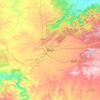 Mapa topográfico Betul, altitud, relieve