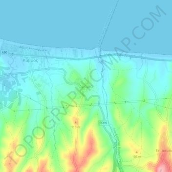 Mapa topográfico Dramia, altitud, relieve