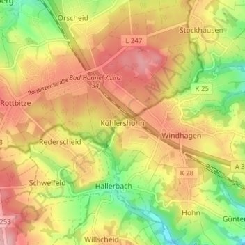 Mapa topográfico Köhlershohn, altitud, relieve