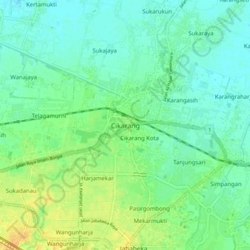 Mapa topográfico Cikarang, altitud, relieve