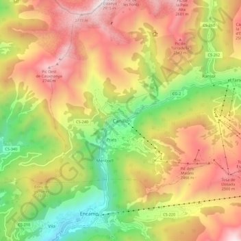 Mapa topográfico Canillo, altitud, relieve